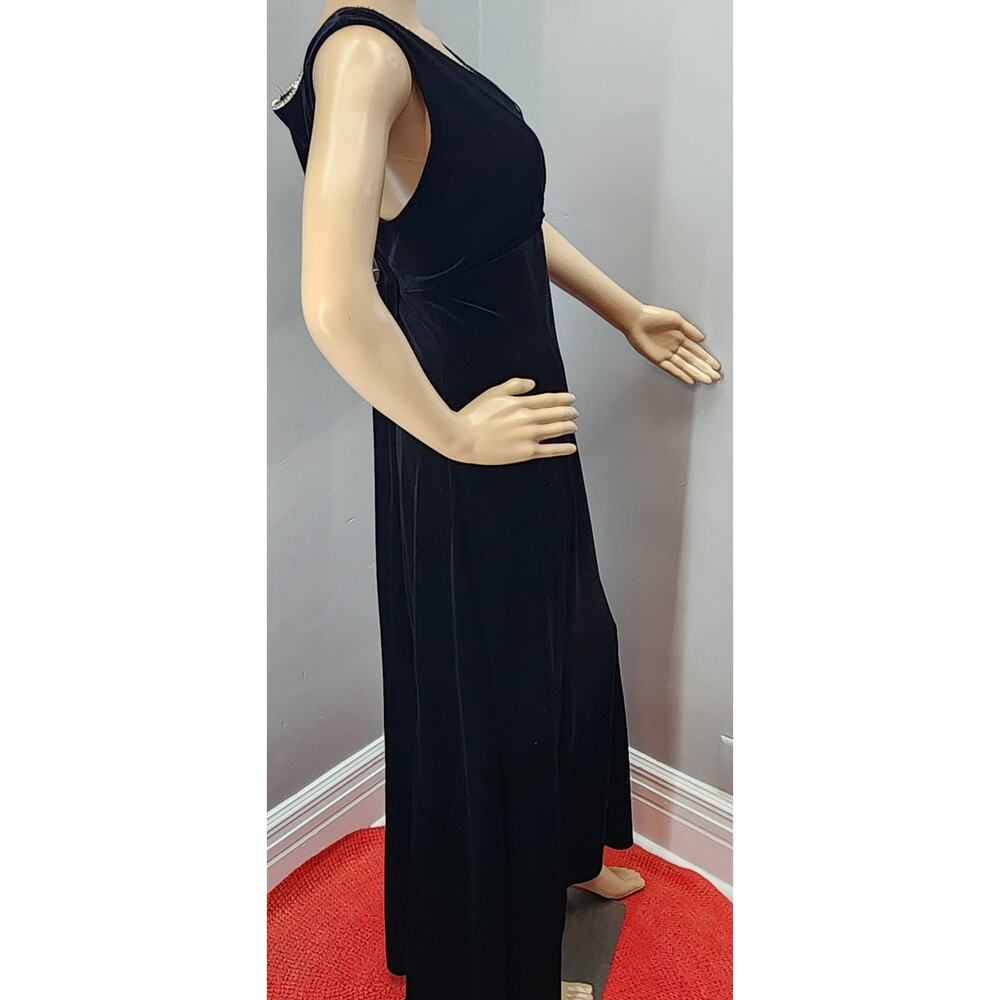 90s Vintage Black Velour Evening Gown Rhinestone Trim Formal Black Tie Dress - M - Picture 5 of 10